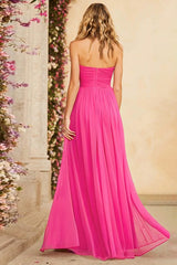 Fuchsia Halter A-Line Keyhole Ruched Prom Dress With Slit
