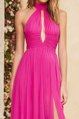Fuchsia Halter A-Line Keyhole Ruched Prom Dress With Slit