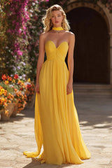 Yellow A-Line Sweetheart Ruched Prom Dress With Sash