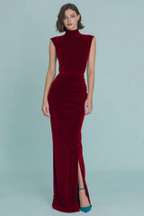 Burgundy Sheath Velvet High Neck Formal Dress With Slit
