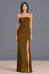 Brown Strapless Sheath Pleated Long Formal Dress With Slit