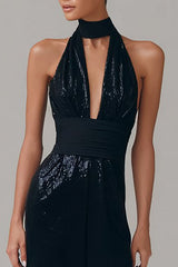 Sparkly Black Halter Long Formal Dress