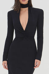 Mermaid Deep V-Neck Black Tie Dress with Long Sleeves