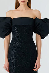 Sparkly Off The Shoulder Mermaid Black Tie Dress With Puff Sleeves