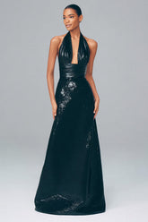 Halter Sequin Maxi Black Tie Dress