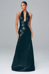 Halter Sequin Maxi Black Tie Dress
