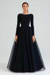 Black A-Line Bateau Neck Beaded Formal Dress with Long Sleeves