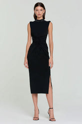 Black Ruched Sheath Midi Formal Dress With Slit