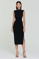 Black Ruched Sheath Midi Formal Dress With Slit