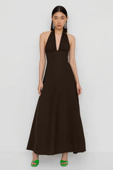 Coffee Halter A-Line Satin Wedding Guest Dress
