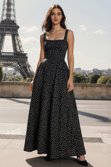A-Line Black White Dot Square Neck Maxi Dress