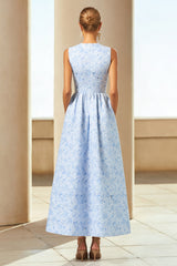 Blue Jacquard A-Line Wedding Guest Dress With Pockets