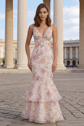 Pink Floral Mermaid V Neck Maxi Wedding Guest Dress