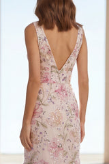 Pink Floral Mermaid V Neck Maxi Wedding Guest Dress