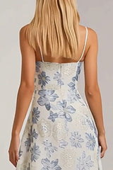 Dusty Blue Floral A-Line Spaghetti Straps Wedding Guest Dress