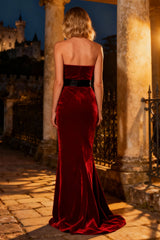Strapless Burgundy Velvet Mermaid Maxi Holiday Dress With Bow