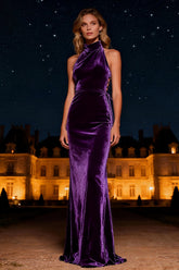 Halter Purple Velvet Maxi Holiday Dress with Lace Up Back