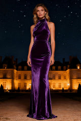 Halter Purple Velvet Maxi Holiday Dress with Lace Up Back