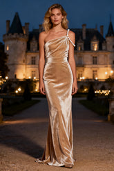 Velvet One Shoulder Champagne Maxi Holiday Dress With Pearls