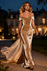 Champagne Off The Shoulder Velvet Long Formal Dress