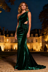 Dark Green One Shoulder Mermaid Velvet Maxi Holiday Dress With 3D Flower