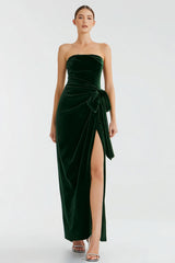 Strapless Pine Ruched Sheath Velvet Holiday Party Dress With Slit