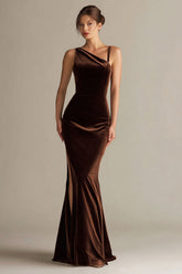 Dark Brown Mermaid Velvet Long Formal Dress