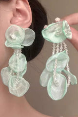 Elegant Light Green Floral Tassel Earrings with Beading