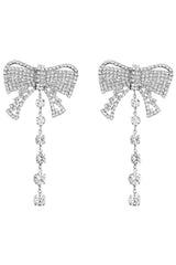 Sparkly Silver Bowed Dangle Earrings With Rhinestones