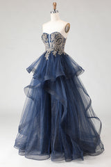 Glitter Navy Strapless Appliqued Princess Prom Dress