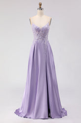 Purple A-Line Satin Appliqued Prom Dress With Slit