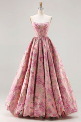Princess Pink Jacquard Strapless Corset Prom Dress With Lace Up Back