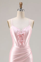 Pink Satin Mermaid Bow Corset Prom Dress With Slit