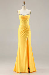 Yellow Mermaid Beaded Corset Prom Dress With Slit