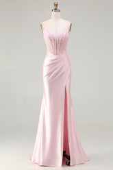 Pink Mermaid Corset Beaded Satin Prom Dress With Slit