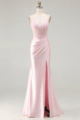 Pink Mermaid Corset Beaded Satin Prom Dress With Slit