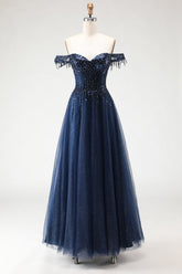 Glitter Navy A-Line Off The Shoulder Corset Prom Dress With Beading