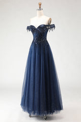 Glitter Navy A-Line Off The Shoulder Corset Prom Dress With Beading