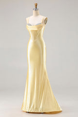 Mermaid Light Yellow Satin Beaded Corset Prom Dress