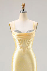 Mermaid Light Yellow Satin Beaded Corset Prom Dress