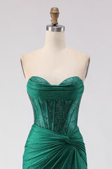 Dark Green Mermaid Sweetheart Beaded Corset Prom Dress With Slit