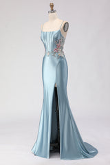 Mermaid Grey Blue Corset Satin Prom Dress With Slit