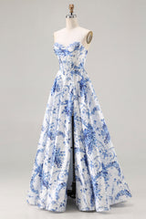 Floral Blue Strapless A-Line Corset Prom Dress With Slit