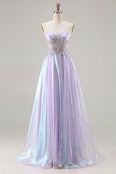Purple Strapless Corset Beaded A-Line Prom Dress With Appliques