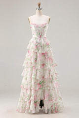 Pink Floral A-Line Corset Tiered Sweetheart Prom Dress With Slit