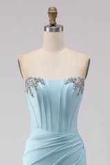 Strapless Mermaid Sky Blue Satin Corset Prom Dress With Slit