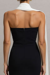 Strapless Mermaid Satin Maxi Black Tie Dress With Streamer