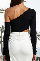 Black and White One Shoulder Sheath Maxi Formal Dress With Slit