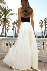 Black and White A-Line Satin Halter Maxi Formal Dress
