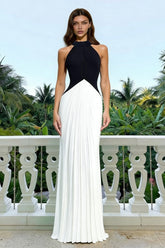 Black and White Halter Pleated Long Formal Dress